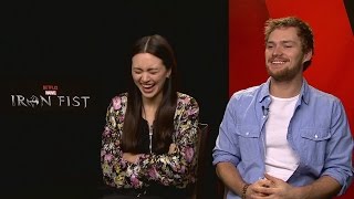 IRON FIST Finn Jones amp Jessica Henwick talk feet and earlobes [upl. by Nnylrahc]