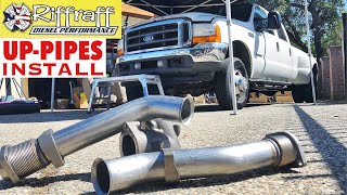 2001 F350 73  RiffRaff UpPipes Install  Stock up pipes leaking and falling apart JUNK SP [upl. by Rap]