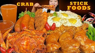 Stick Food Mukbang  Eating Super Spicy Noodles  Chicken Adobo  Fried Crab  Fish Ball  Sausages [upl. by Arhaz148]