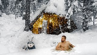 Winter Camping in Snow Storm with Survival Shelter amp Bushcraft Cot and Ice Bath [upl. by Swee]